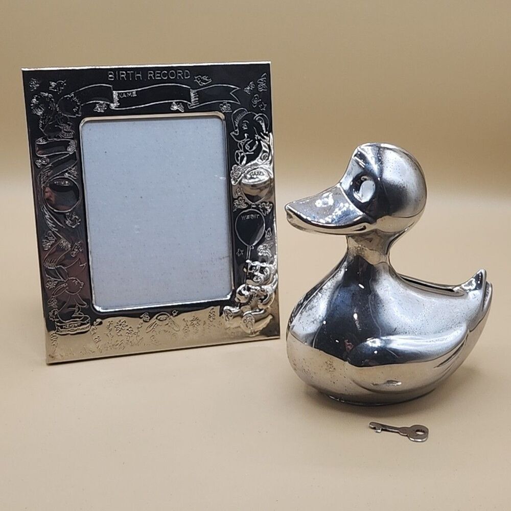 Silver Plated Baby Duck Bank & Picture Frame Vintage Hong Kong Lot of 2
